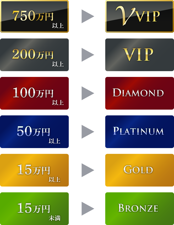 750万円以上 VVIP 200万円以上 VIP 100万円以上 DIAMOND 50万円以上n PLATINUM 15万円以上 GOLD 15万円未満 BRONZE